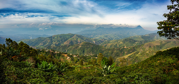 Idyllic countryside with rolling hills near Santa Barbara, Antioquia department, Colombia wilderness landscape.