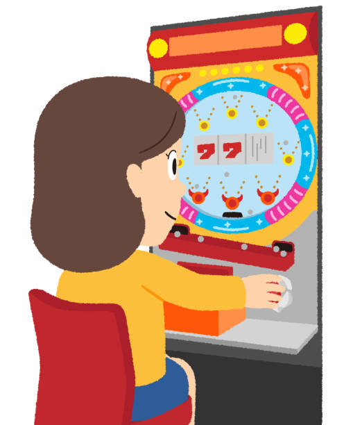 Pachinko(Woman) Pachinko is an amusement machine played by shooting small silver balls onto a board with many nails driven into it. When the ball enters a prize slot, a score or prize ball is obtained in this Japanese game. pachinko machine stock illustrations
