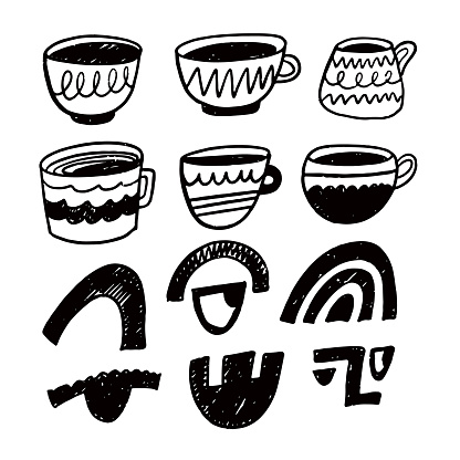 A collection of handdrawn coffee cups displayed on a white background. These drinkware items showcase unique designs and logos, perfect for a modern table setting
