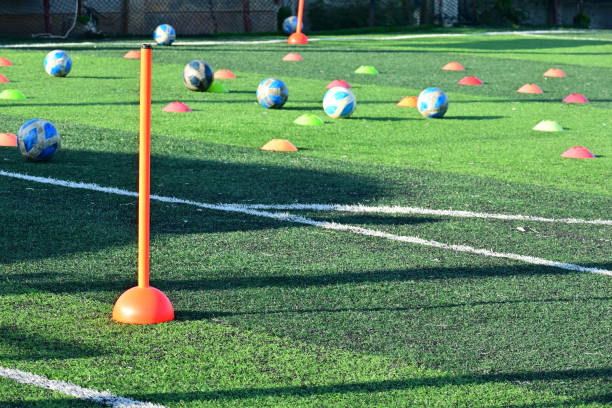istock artificial green grass soccer field with training cone and ball 2151847874