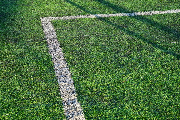 artificial green grass soccer field with white line
