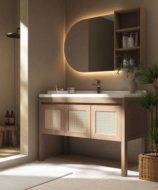 istock Luxury brown bathroom with shower enclosure, partition to vanity counter in sunlight from window on wall 2151848271