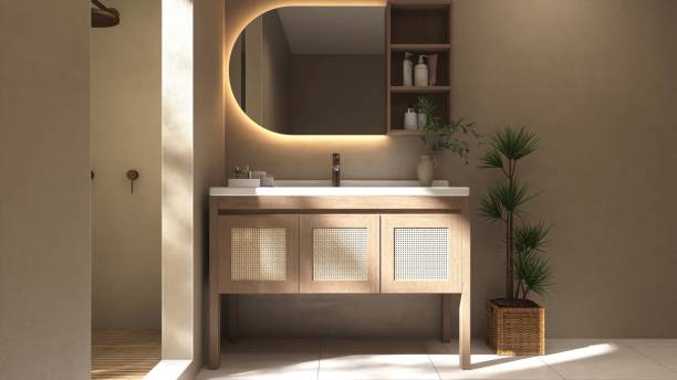 istock Luxury brown bathroom with shower enclosure, partition to vanity counter in sunlight from window on wall 2151848277