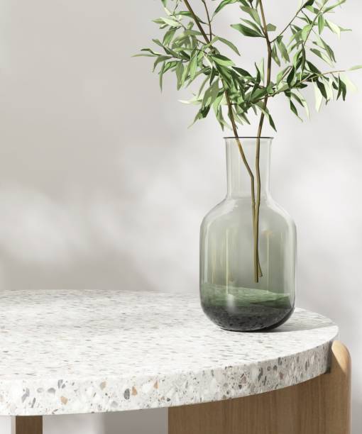 istock Minimal colorful terrazzo podium table, vase of tree twig, in dappled sunlight, leaf shadow on white wall 2151849028