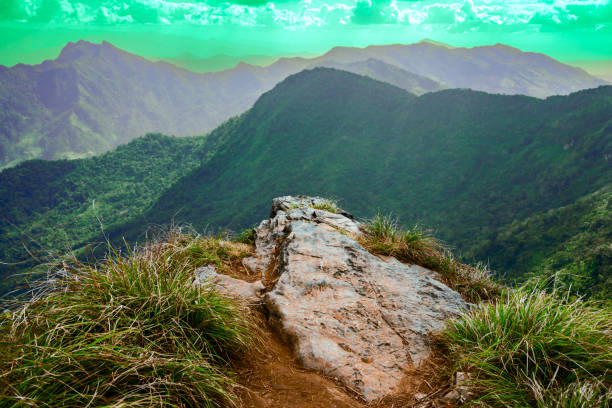 Scenery of beautiful mountain ranges at Phu Chi Fa Viewpoint in Chiang Rai Province, Thailand.
