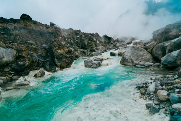 A view of a river with blue sulfur water on a volcano