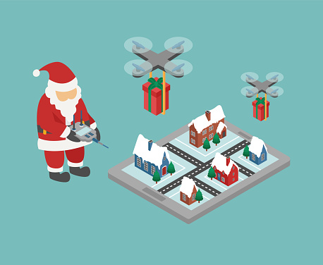 Santa Claus and drone delivery with Christmas gifts. Isometric vector illustration.