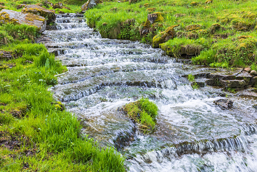 Running water in a creek on a grass meadow