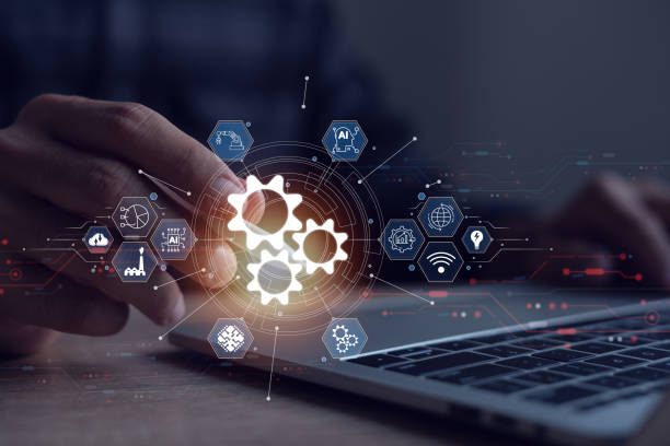 istock Business process automation, RPA innovation technology concept. On a virtual screen, a businessman taps a gear icon showing robot automation software functionality. 2151855770