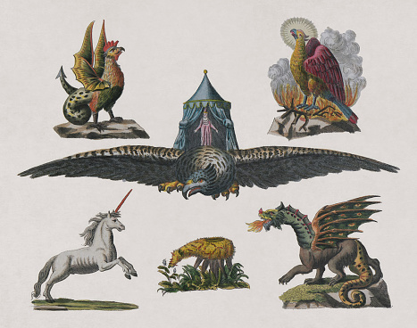 Illustration depicting six Mythological creatures, the Basilisk, Phoenix, Roc, Unicorn, Vegetable Lamb of Tartary and the Dragon. It was created by Friedrich Justin Bertuch in 1806.