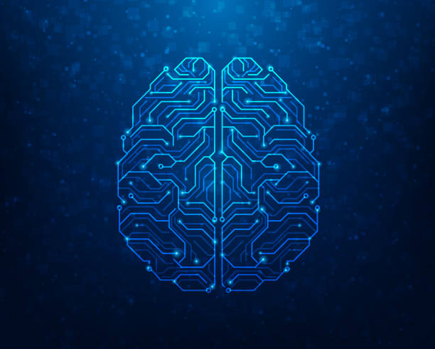 ilustraciones, imágenes clip art, dibujos animados e iconos de stock de circuito cerebral inteligente artificial digital de tecnología sobre fondo azul. diseño de alta tecnología de ilustración vectorial. concepto de idea de pensamiento creativo. - aprendizaje automático
