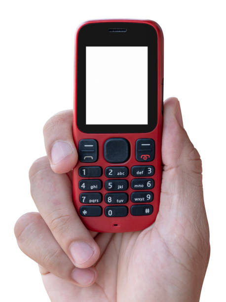 istock Hand holding red mobile phone with white display isolated on white background with clipping path 2151858353