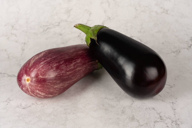 istock Two eggplants, one painted and the other black, isolated on a light marbled background 2151858527