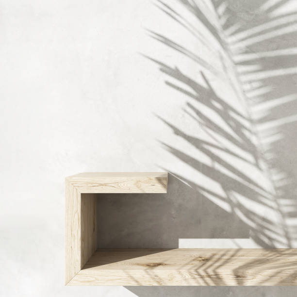 istock Brown geometric wooden shelf, tropical dracaena tree in sunlight, leaf shadow on gray polished cement wall 2151864270