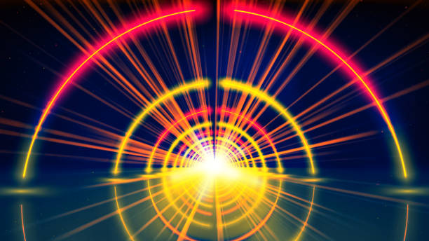 istock Flight movement through arcade of glowing neon tunnel, corridor, circle. Abstract geometric background, flying in cyberspace. Red yellow gold neon arch, perspective. Bright golden glow. Design element 2151864827