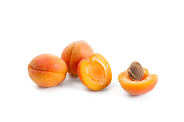 istock Apricot fruit whole and half isolated on white background. 2151866215