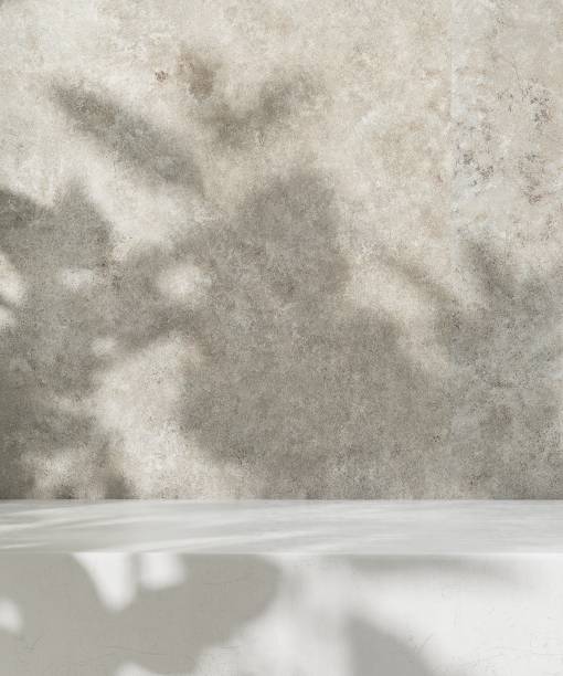 istock Blank minimal white counter podium, soft beautiful dappled sunlight, tropical foliage leaf shadow on beige concrete wall 2151866847