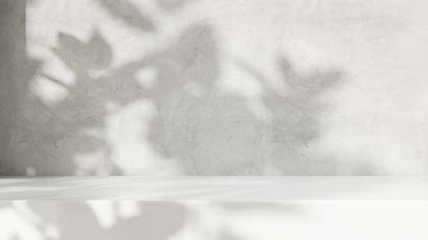 istock Minimal empty white stone countertop in sunlight, tropical leaf foliage shadow on gray polished cement wall 2151866873