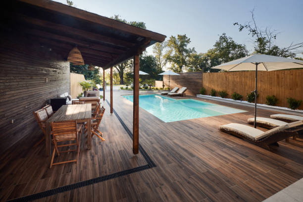 istock View of the modern patio with swimming pool. 2151868368