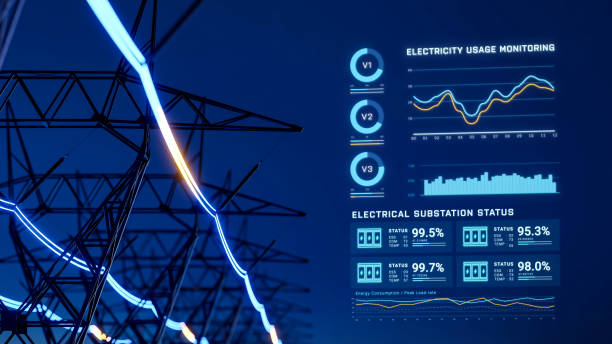 istock Electric transmission tower with glowing electricity flowing, electrical power transmit from high voltage substation infrastructure to city, energy usage monitoring dashboard interface 3d rendering 2151869382