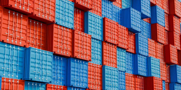 istock Stack of Cargo shipping in container terminal yard, global logistic freight supply chain network distribution, export and import business commercial technology concept 3d rendering 2151869442