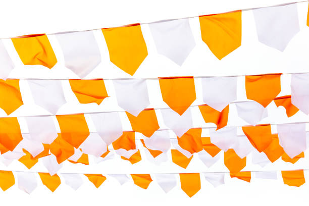 Orange and white festive flags isolated on white background.