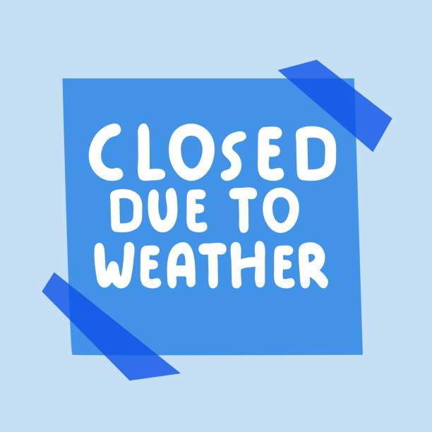 Closed due to weather. Handwriting phrase on paper note. Graphic design. Vector illustration on blue background. closed sign stock illustrations