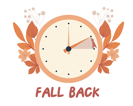Fall back concept in flat style, change clock back one hour, Daylight Saving Time Ends web reminder banner. Clocks with arrow hand turning back an hour. Minimalist aesthetic vector web banner.