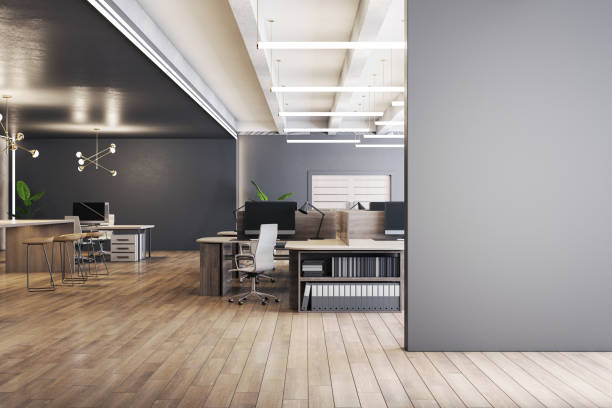 istock Chic office interior with dark wall, modern furniture, and creative lighting. 3D Rendering 2151876667