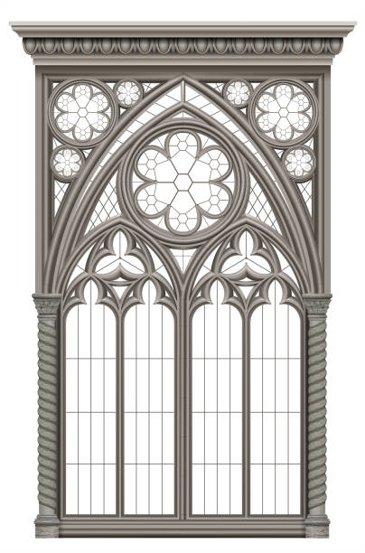 Realistic Gothic cathedral medieval stained glass window and stone arch . Background or texture. Architectural element