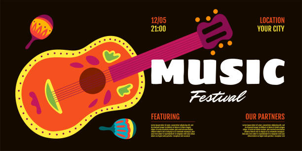 ilustraciones, imágenes clip art, dibujos animados e iconos de stock de el festival de música muestra la pancarta horizontal. plantilla de diseño de volante de invitación. guitarra acústica y maracas sobre fondo negro. portada de fiesta de música folclórica en vivo. impresión del evento country fest - ciclo de conciertos