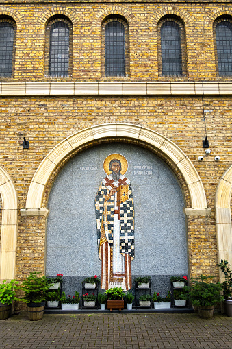 London, United Kingdom - April 29, 2024: Mosaic of Saint Sava outside the Serbian Orthodox Church in London, Lancaster Road