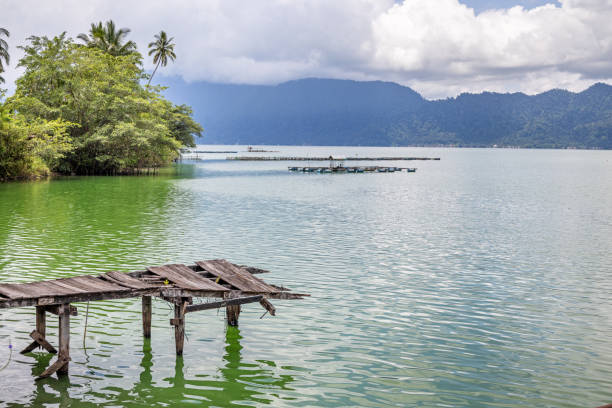 istock Volcanic mountain lake with fish farms 2151882185