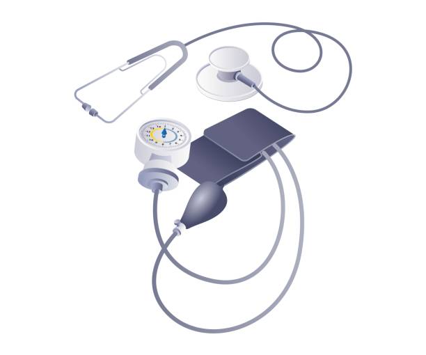istock Doctor tools and blood pressure technology infographic 3d illustration flat isometric 2151886405