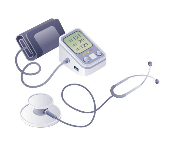 istock Doctor tools and blood pressure technology infographic 3d illustration flat isometric 2151886429