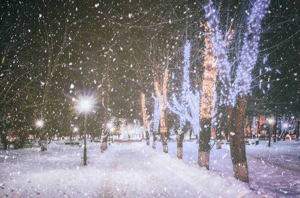 istock Snowfall in a winter park at night with decorations, glowing lanterns, pavement covered with snow and trees. Vintage film aesthetic. 2151890597