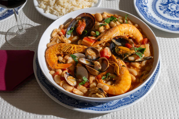 A traditional Alentejo restaurant serves a seafood feijoada.