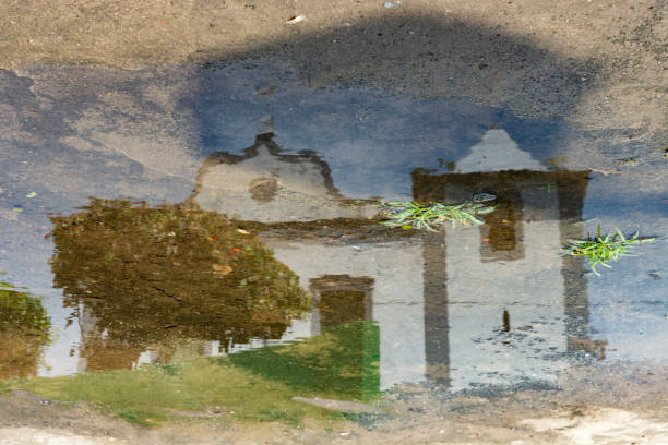 Reflection in a puddle of rainwater from a Catholic church and a tree. Bahia Brazil.