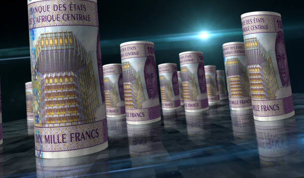 Central African CFA Franc money Cameroon Chad Congo Gabon pack 3d illustration. 10000 XAF banknote rolls. Concept of finance, economy, business, bank, tax and debt.