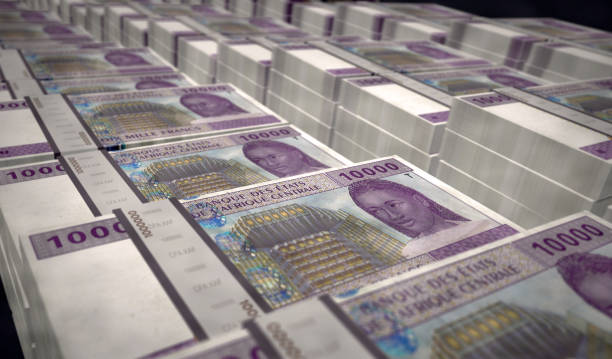 Central African CFA Franc money Cameroon Chad Congo Gabon pack 3d illustration. 10000 XAF banknote bundle stacks. Concept of finance, cash, economy crisis, business, recession, bank, and debt.