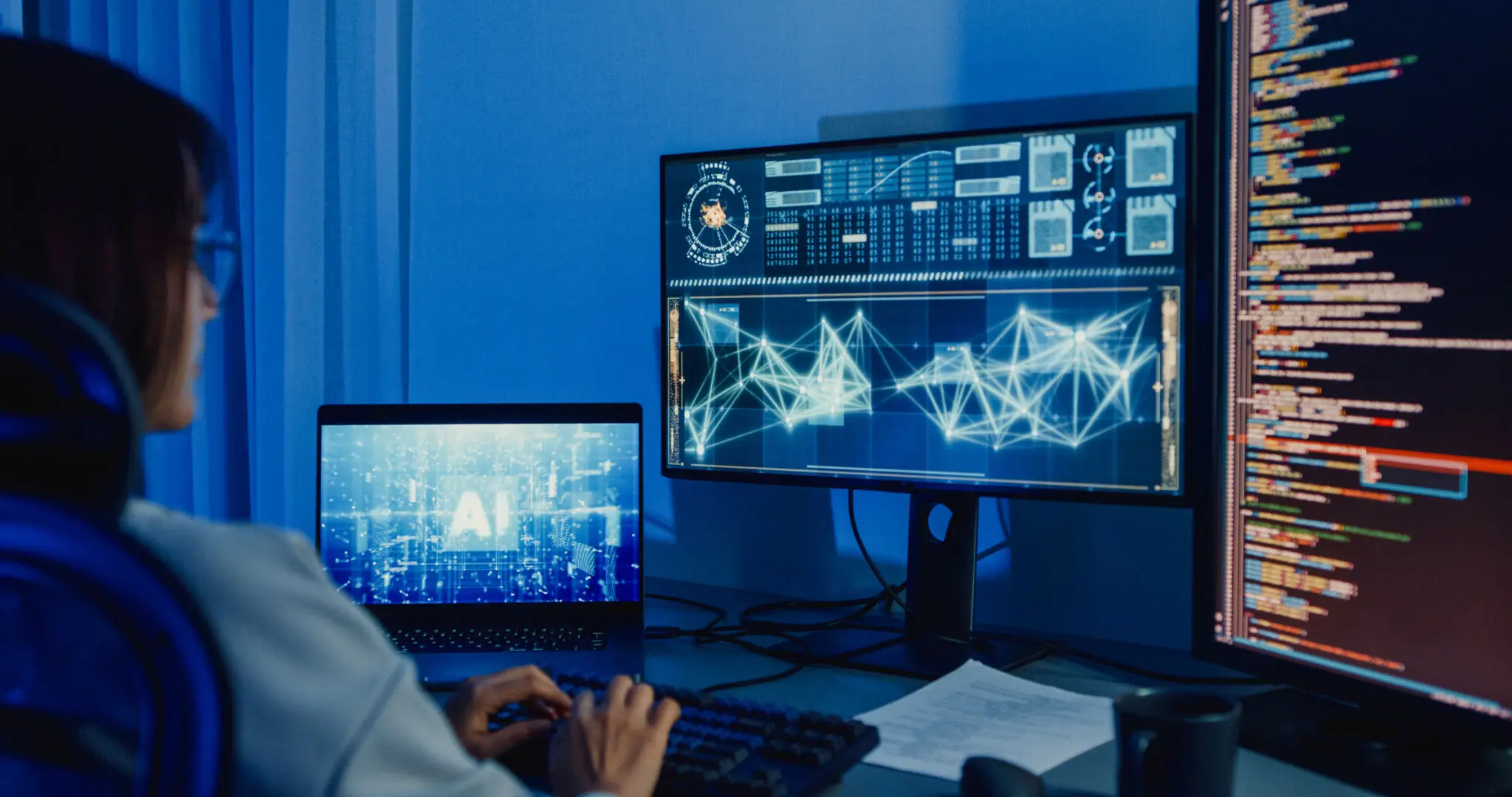 컴퓨터 자바스크립트 함수: 효율적인 코딩 방법 2 Young Asian woman software developers using computer to write code application program for AI technology at desk with multiple screens work at home office night. Programmer development.