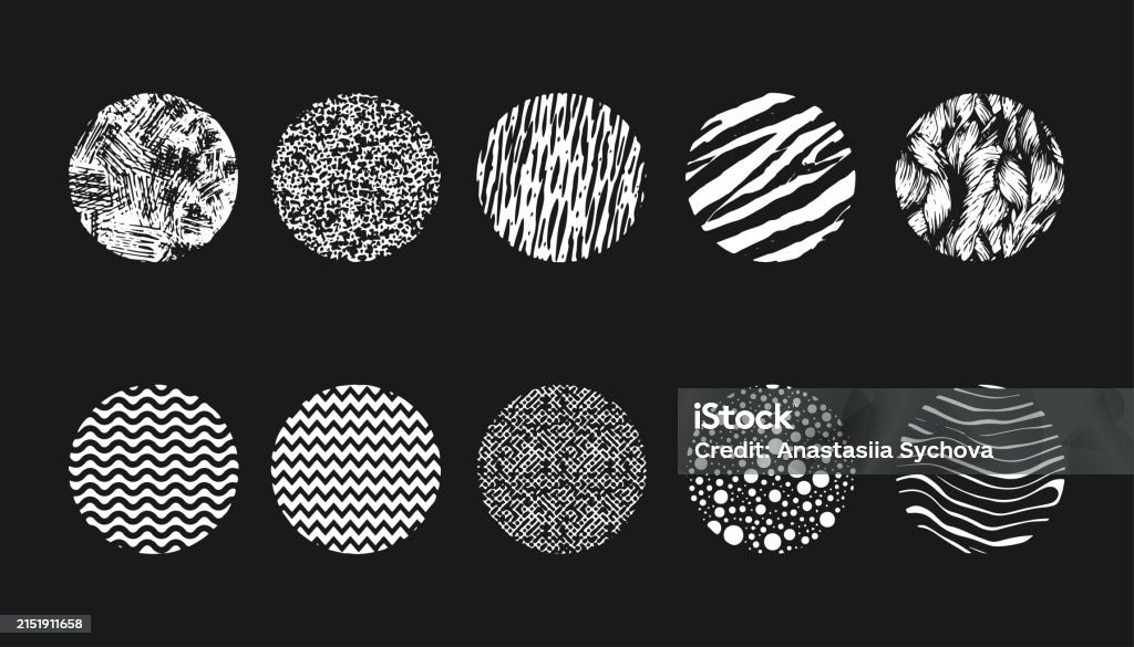 Big Circle White Patterns Set With Hand Drawn Linear Hatching And ...
