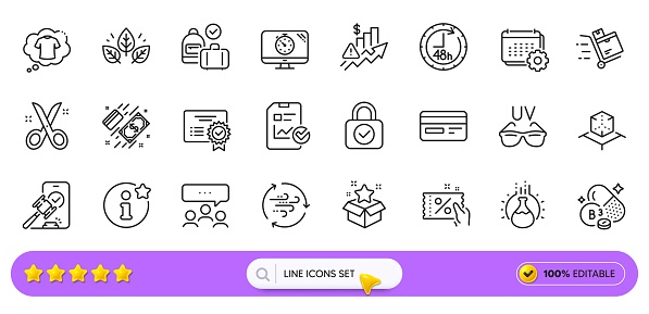 Niacin vitamin, Carry-on baggage and Payment line icons for web app. Pack of Sunglasses, Meeting, Seo timer pictogram icons. Augmented reality, 48 hours, Scissors signs. Credit card. Vector