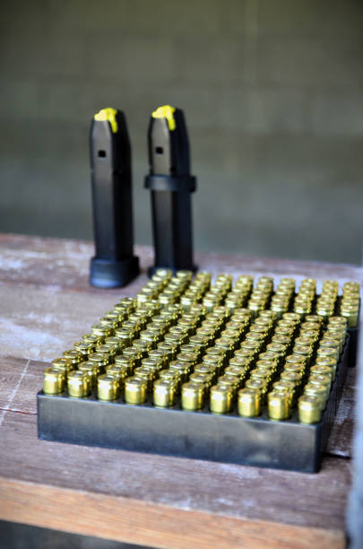 Spent cases with a handgun.