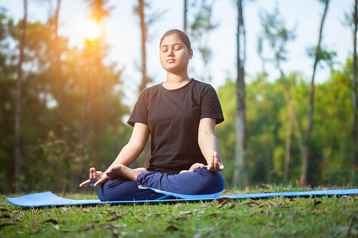 yoga, young girl, mudra, easy pose, zen-like, forest, morning,