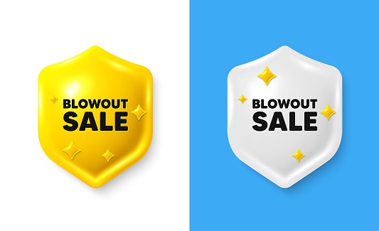 Blowout sale tag. Shield 3d icon banner with text box. Special offer price sign. Advertising discounts symbol. Blowout sale chat protect message. Shield speech bubble banner. Vector