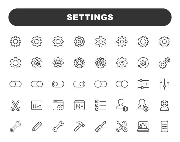 Settings Line Icons. Editable Stroke. Contains such icons as Work Tool, Gear, Equipment, Engineering, Machine Part, Technology, Repair, UI Design, UX Design, Option, Choice, Preferences.