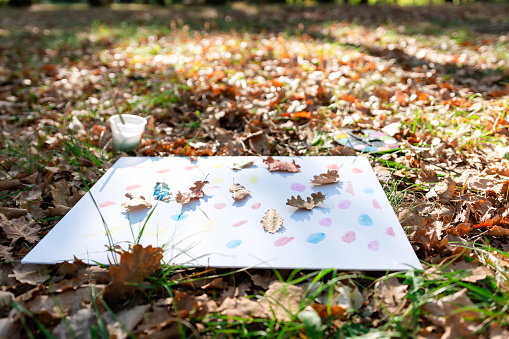 Picture from a child and autumn leaves on the grass in the park