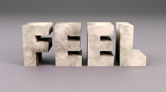 Luxury concrete inscription feel on grey podium, soft light, front view smooth background, 3d rendering