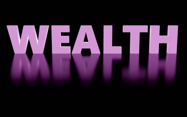 A cyan glowing sign saying wealth in dark empty reflective room